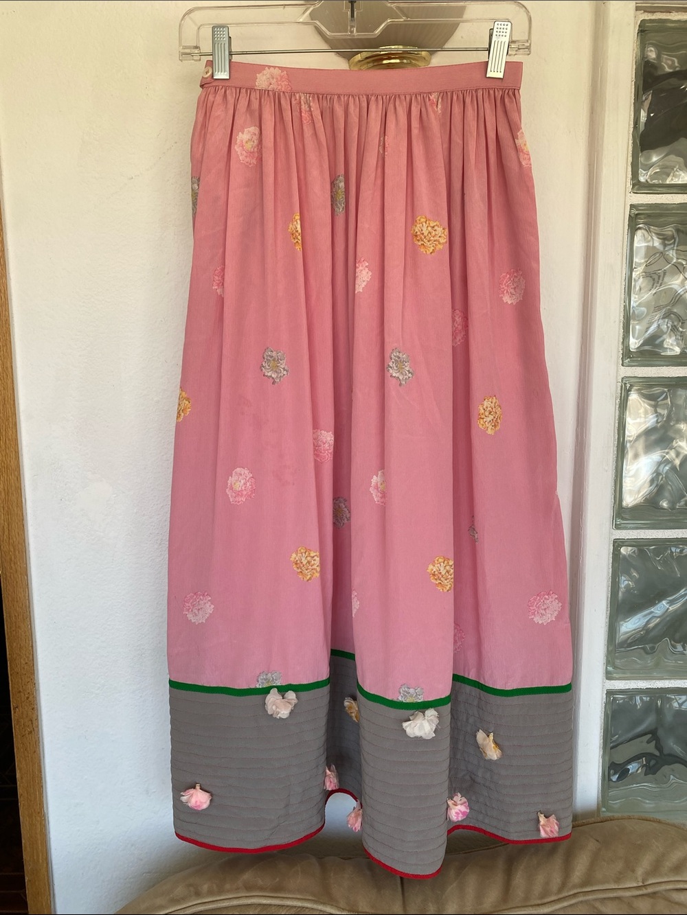 Saks Fifth Avenue Pink Floral Tiered Maxi Skirt with Gray Hem